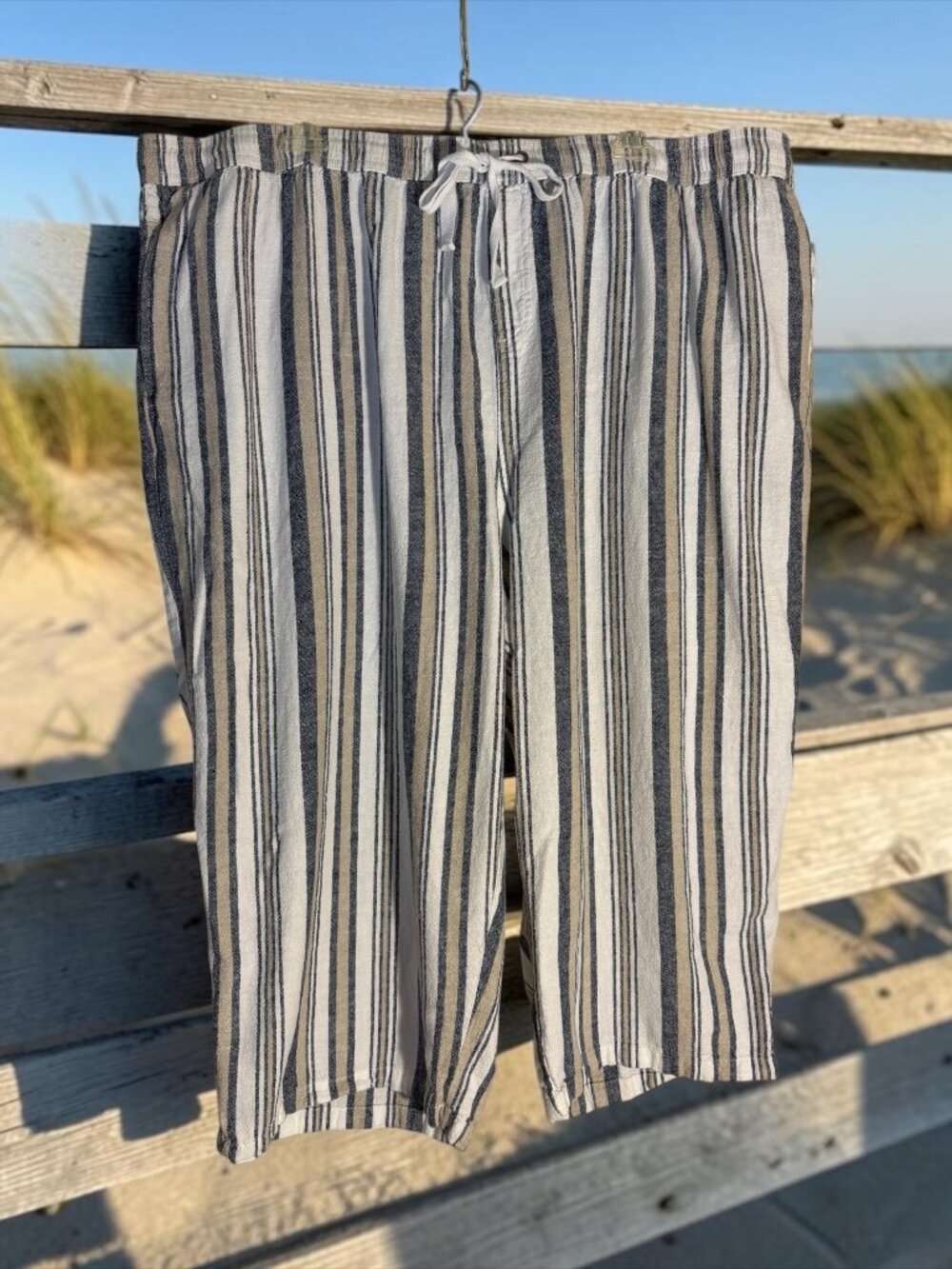 Architect Blue & Tan Striped Linen Blend Wide Leg Cropped Pants Sz 3X